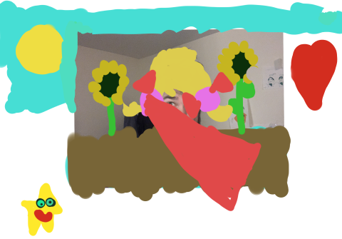 A picture of daddy which has been drawn on so he is under ground with flowers